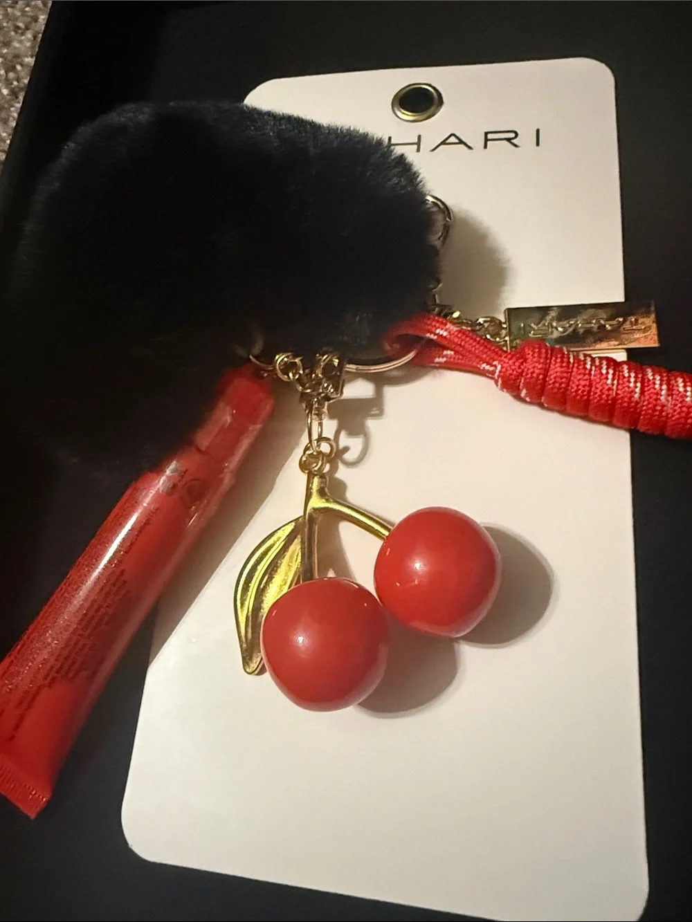 New! Tahari Red Cherry Pom Keychain Charm